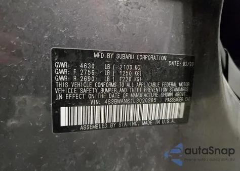 2020 Subaru Legacy Limited z USA, uszkodzony, nr VIN 4S3BWAN61L3020285